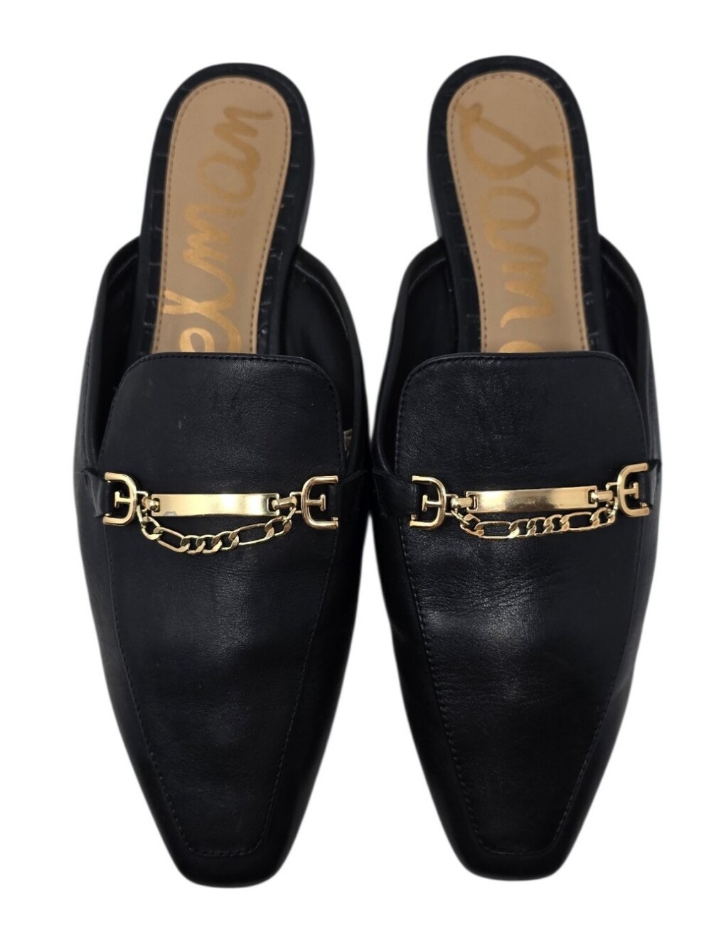 Sam Edelman Evelan Chain Loafer Leather Mule Flat Black Gold Size 8